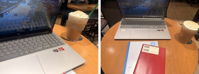 スターバックスで勉強（ノートPCとドリンク、教材）